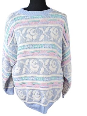 Vintage Rosa Pastel Floral Sweater Sparkle Knit Oversized Small 80s 90s